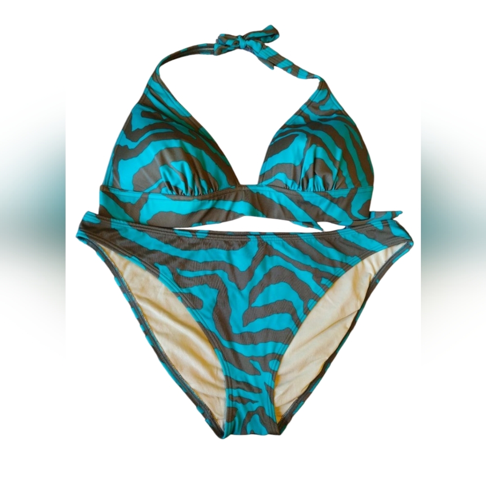 Vintage Y2K Victoria Secret Bikini Teal Brown Zebra set Size XL excellent